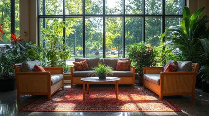 Poster - A cozy lounge area features two sofas and a coffee table surrounded by vibrant green plants, illuminated by natural light streaming through large windows during the day.