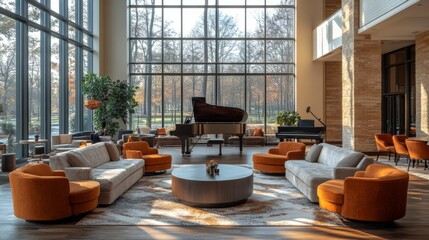Poster - A stylish lounge showcases a grand piano at its center, surrounded by comfortable orange chairs and gray sofas. Large windows allow natural light to illuminate the space, reflecting autumn hues.