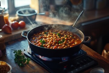 Sticker - A close-up of a steaming pot of chickpea stew, with fresh herbs, on a wooden countertop in a cozy kitchen.