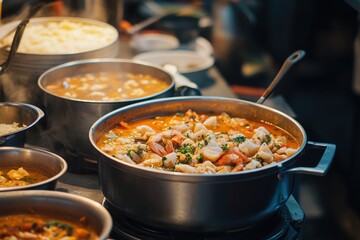 Wall Mural - A close-up of a flavorful seafood curry simmering in a pot, showcasing vibrant colors and fresh ingredients.