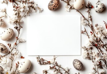 Wall Mural - Elegant Layout of Easter Eggs Surrounded by Delicate Flowers and Blank Card for Spring Holiday Celebrations and Seasonal Greetings