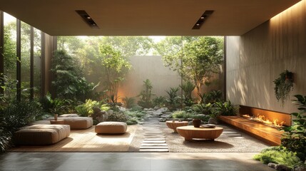 Aufkleber - A beautifully designed indoor space features lush plants, soft seating cushions, and a tranquil water feature. This serene environment invites moments of relaxation and peaceful reflection.