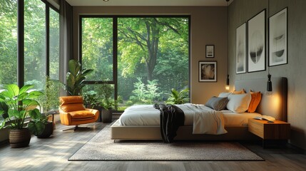 Aufkleber - A well-designed bedroom featuring a comfortable bed and stylish furnishings. Large windows illuminate the space with natural light while offering views of surrounding greenery.