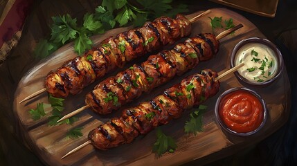 Wall Mural - Grilled Meat Skewers Served With Sauces And Herbs