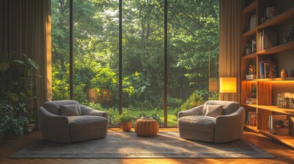 Aufkleber - Soft sunlight filters through large windows, illuminating a cozy living area with two plush chairs. A small table sits between them, surrounded by a vibrant green garden.