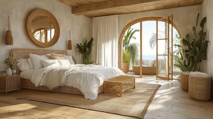 Wall Mural - Coastal boho bedroom with rattan furniture, ocean view, and natural light.