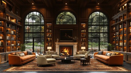 Poster - A spacious living room features tall windows allowing natural light, extensive bookshelves, comfortable seating, and a warm fireplace, creating a welcoming atmosphere.