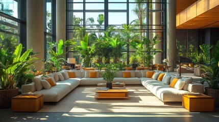 Poster - A spacious lounge area features a large white sectional sofa adorned with orange cushions. Lush plants surround the space, creating a vibrant and inviting atmosphere filled with natural light.