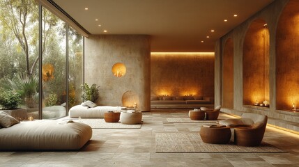 Poster - Spacious spa area features organic furnishings, warm lighting, and a connection to nature, promoting relaxation and wellness. Ideal for retreats and rejuvenation.