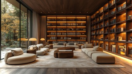 Poster - A cozy reading room showcases a modern aesthetic with plush seating and a large bookshelf filled with books. Warm lighting enhances the inviting atmosphere and complements the wooden decor.