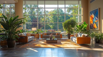 Aufkleber - Soft sunlight fills a stylish hotel lobby with large windows, illuminating comfortable seating, lush plants, and vibrant artwork, creating a welcoming ambiance.
