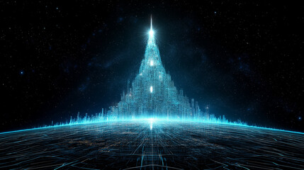 Wall Mural - celestial spire: a futuristic, glowing structure rises from a planet's horizon, its ethereal light i