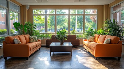 Aufkleber - This cozy sitting area features orange couches and a coffee table surrounded by greenery. Sunlight pours through large windows, creating a warm atmosphere.