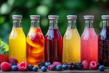 Wall Mural - row of six bottles of different colored drinks, including orange, red, and blue. The bottles are lined up on a table with a variety of berries and fruit