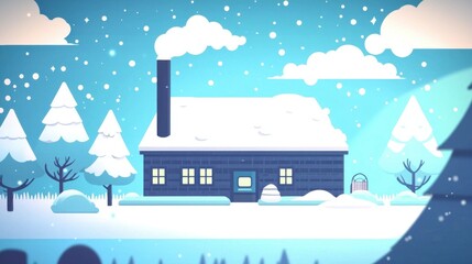 Snowy Winter Cabin Landscape Illustration