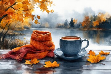 Wall Mural - A cup of coffee and a scarf on a table, perfect for a cozy morning moment