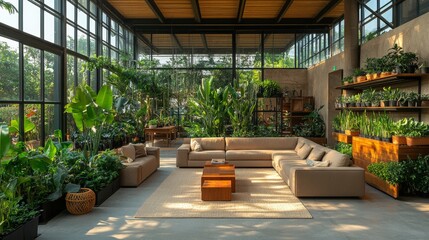 Aufkleber - A spacious living area featuring a large sectional sofa and wooden coffee table amidst vibrant plants. Natural light pours in from expansive windows, creating a serene atmosphere.