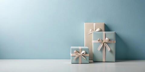 Wall Mural - Elegantly Wrapped Gifts in Soft Blue and Beige Hues on a White Surface Against a Light Blue Wall