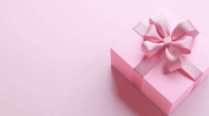 Wall Mural - 3D render gift box with pink ribbon. Isolated closed package with pastel glossy bow on white background. Holiday surprise, present for birthday, christmas or wedding, Realistic. 3D Illustration