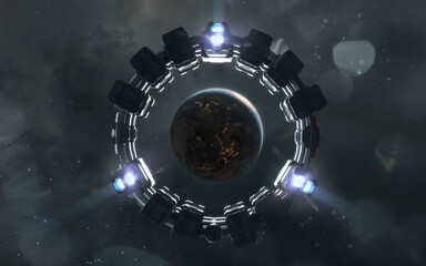 Wall Mural - 3d illustration of a space station flies through the vastness of space. spacecraft, spaceship design