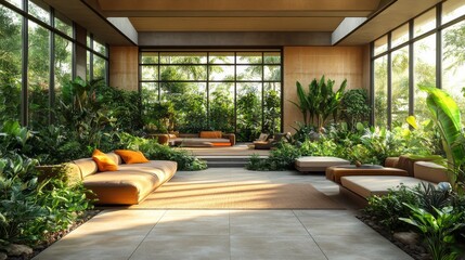 Poster - A serene space filled with lush plants and cozy seating, perfect for unwinding. Sunlight filters through large windows, enhancing the calm atmosphere.