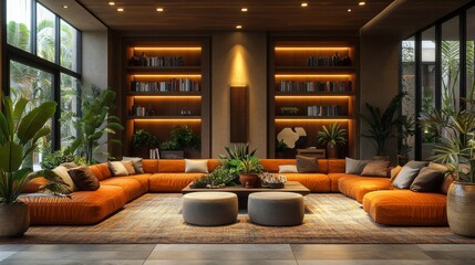 Aufkleber - A spacious living room features an expansive orange sectional sofa surrounded by green indoor plants. Natural light streams through large windows, creating a warm ambiance.