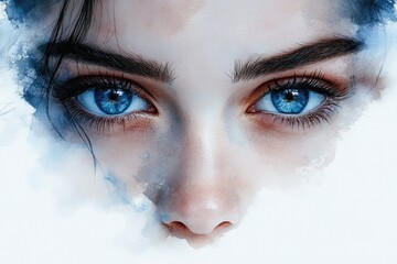 Wall Mural - A close-up shot of a woman's face with bright blue eyes, great for use in beauty or lifestyle photography