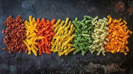 Aufkleber - A vibrant selection of pasta shapes is neatly arranged in a row. The assortment features multiple colors including red, orange, green, and yellow, showcasing the variety and beauty of pasta.