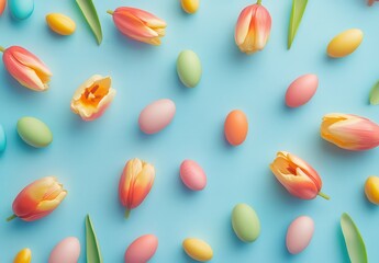 Wall Mural - Vibrant Easter Celebration with Colorful Tulips and Pastel Eggs on a Light Blue Background for Spring Holiday Festivities and Decorations