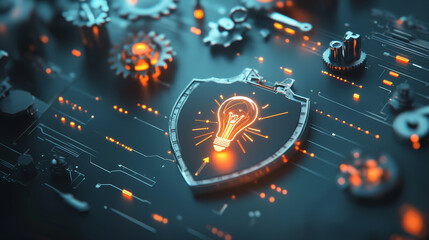 Collaborative development, isometric business concept vector. Holographic interface icons shield, clock, light bulb, gear and wrench with connections on ultraviolet background