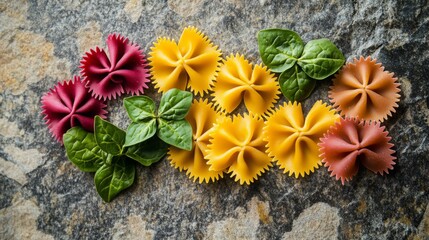 Aufkleber - Vibrant handmade pasta shaped like bowties displays various colors against a rough stone surface, with fresh spinach leaves interspersed, creating an appealing visual contrast in the kitchen setting.