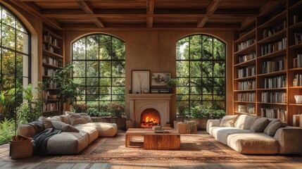 Aufkleber - This inviting living room features spacious seating, a roaring fireplace, and large windows overlooking lush greenery, creating a tranquil and relaxing space to unwind and read.