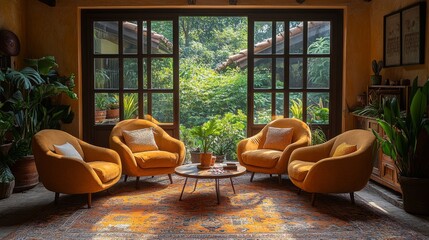 Aufkleber - Bright and inviting space with four orange armchairs surrounding a central table. Natural light floods in from large windows, showcasing vibrant green plants outside.