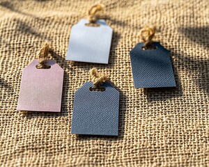 Rustic vintage-style new arrival tags in muted colors placed on a burlap fabric surface with natural lighting