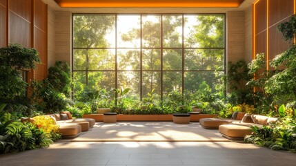 Aufkleber - A spacious indoor area features large windows flooding the space with warm natural light. Soft lounge seating surrounds vibrant indoor plants, creating a serene atmosphere for relaxation.