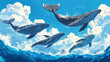 © Sahraya - Whales diving and splashing in water. Vector cartoon illustration of giant marine mammals swimming in ocean, tale and fins above waves, fluffy clouds in blue sunny sky, aquatic wildlife animals