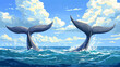 © Sahraya - Whales diving and splashing in water. Vector cartoon illustration of giant marine mammals swimming in ocean, tale and fins above waves, fluffy clouds in blue sunny sky, aquatic wildlife animals
