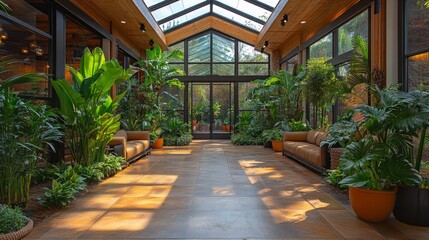 Poster - A vibrant indoor garden features abundant greenery, comfortable seating areas, and large windows allowing natural light to fill the space. The atmosphere is tranquil and inviting.