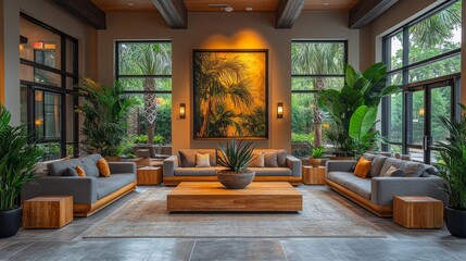 Aufkleber - A contemporary living area features plush gray sofas, a large wooden coffee table, and vibrant greenery. Natural light floods in through spacious windows, enhancing the relaxing atmosphere.