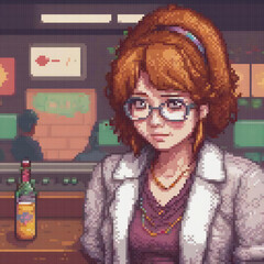 Pixel art of a stylish woman with glasses at a trendy bar