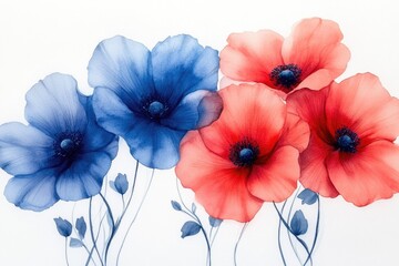 Wall Mural - A colorful still life featuring red and blue flowers against a clean white backdrop