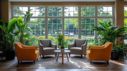 Aufkleber - A bright seating arrangement features two orange armchairs and gray chairs around a wooden table. Sunlight pours in through large windows, illuminating the vibrant plants outside.