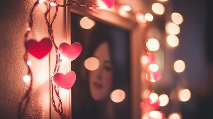 Canvas Print - Romantic Decor with Heart Shapes and Soft Fairy Lights Background