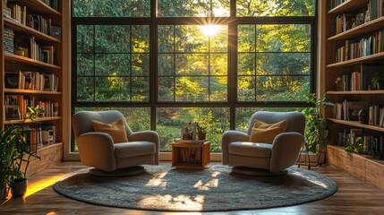 Aufkleber - Two comfortable armchairs are positioned near large windows, allowing warm sunlight to illuminate the cozy reading nook. Lush greenery is visible outside, creating a peaceful atmosphere.