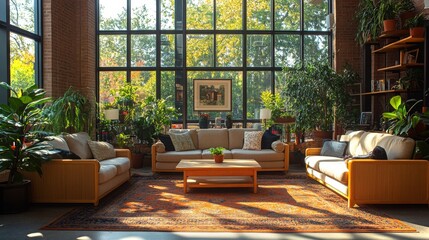 Aufkleber - A warm, inviting living area features large windows allowing abundant sunlight, comfortable sofas, and lush greenery. The space is decorated with a colorful rug and artwork.