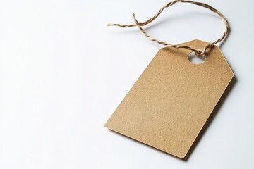 simple kraft paper tag with string resting on clean white background for minimalist effect