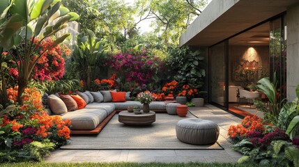 Poster - A serene outdoor space features a spacious seating arrangement adorned with colorful cushions, surrounded by blooming flowers and rich greenery, ideal for relaxation.