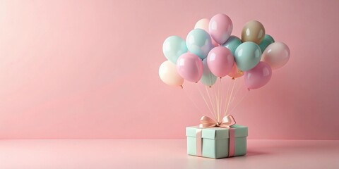 Wall Mural - Pastel Balloons Ascending Above a Gift Box on Pink Background