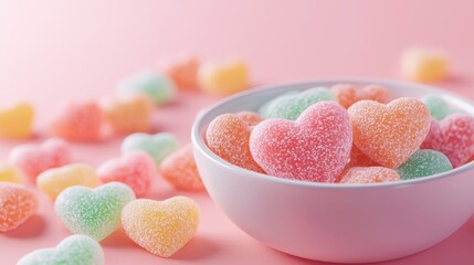 Sticker - Colorful Heart-Shaped Candy in Bowl on Soft Pink Background