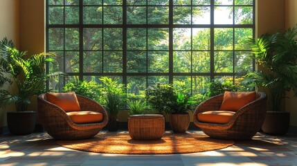 Aufkleber - Two comfortable wicker chairs with orange cushions are positioned around a small table, surrounded by vibrant plants and large windows letting in sunlight.